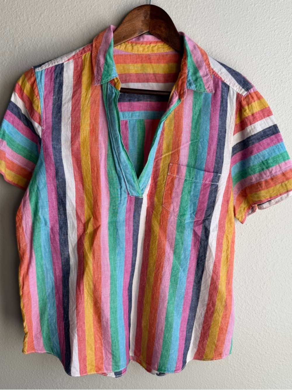 J.crew Linen Sherbet Multi-color Short Sleeve Small Medium Popover Top  Blouse G